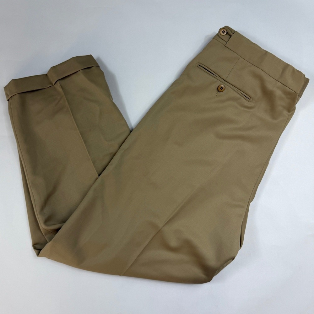 Ermenegildo Zegna Vintage Mens 35x28 Tan Wool Pleated Dress Pants Side Adjusters